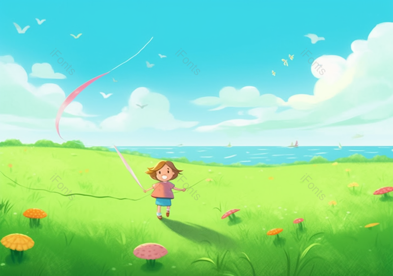 蓝天白云儿童节女孩在草原草地快乐地放风筝小清新插画,插画/手绘图,插画/手绘图库,插画/手绘图下载,插画/手绘